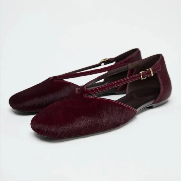 Zara Strappy Furskin Leather Ballet flats with Buckle Detail women’s 36 US 6 - Picture 1 of 10